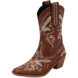 LIPUIXI Western Boots Women's Brown Synthetic Pull On Floral Low Chunky Heel